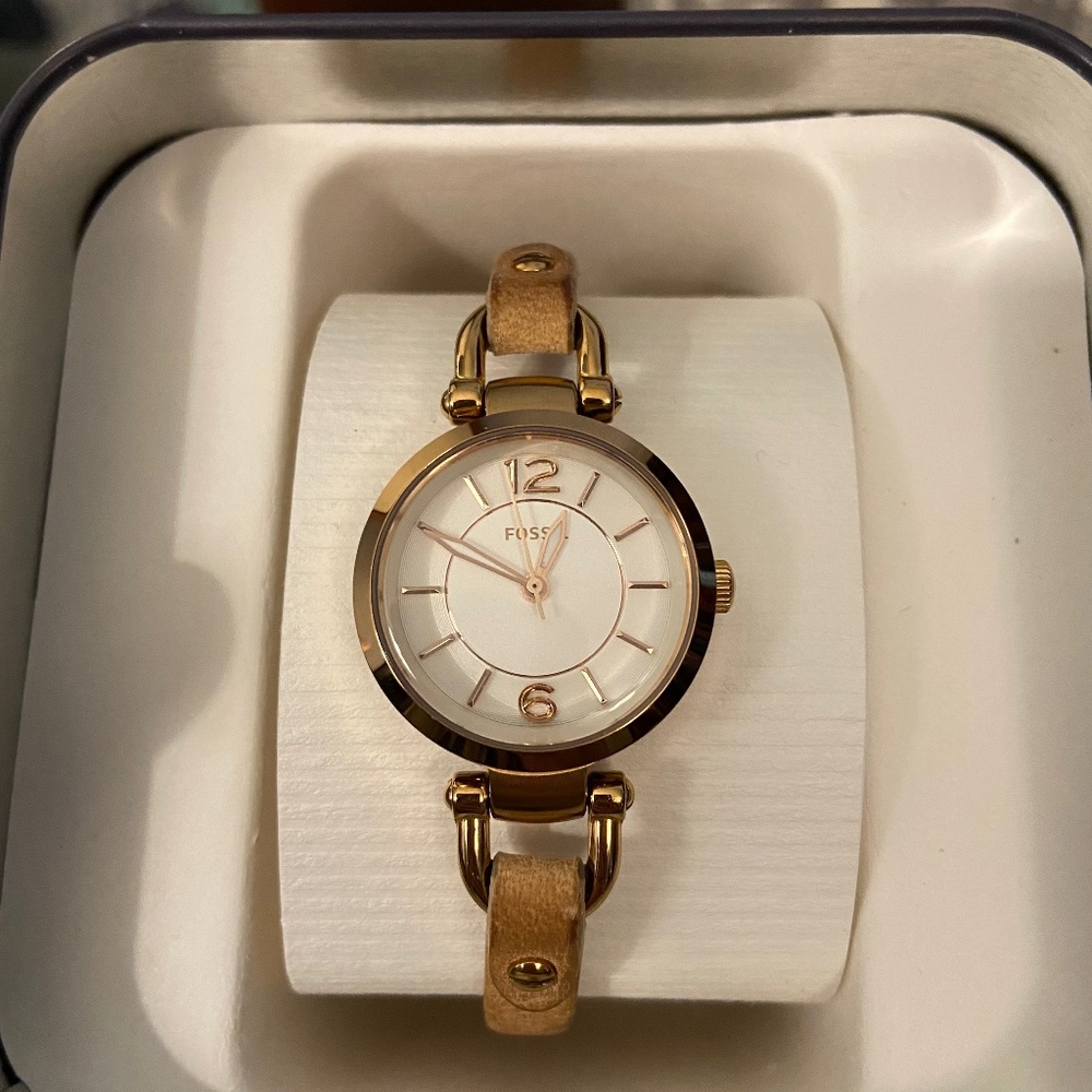 Fossil Watch with Case - Light Brown Leather Band and Rose Gold Hardware
